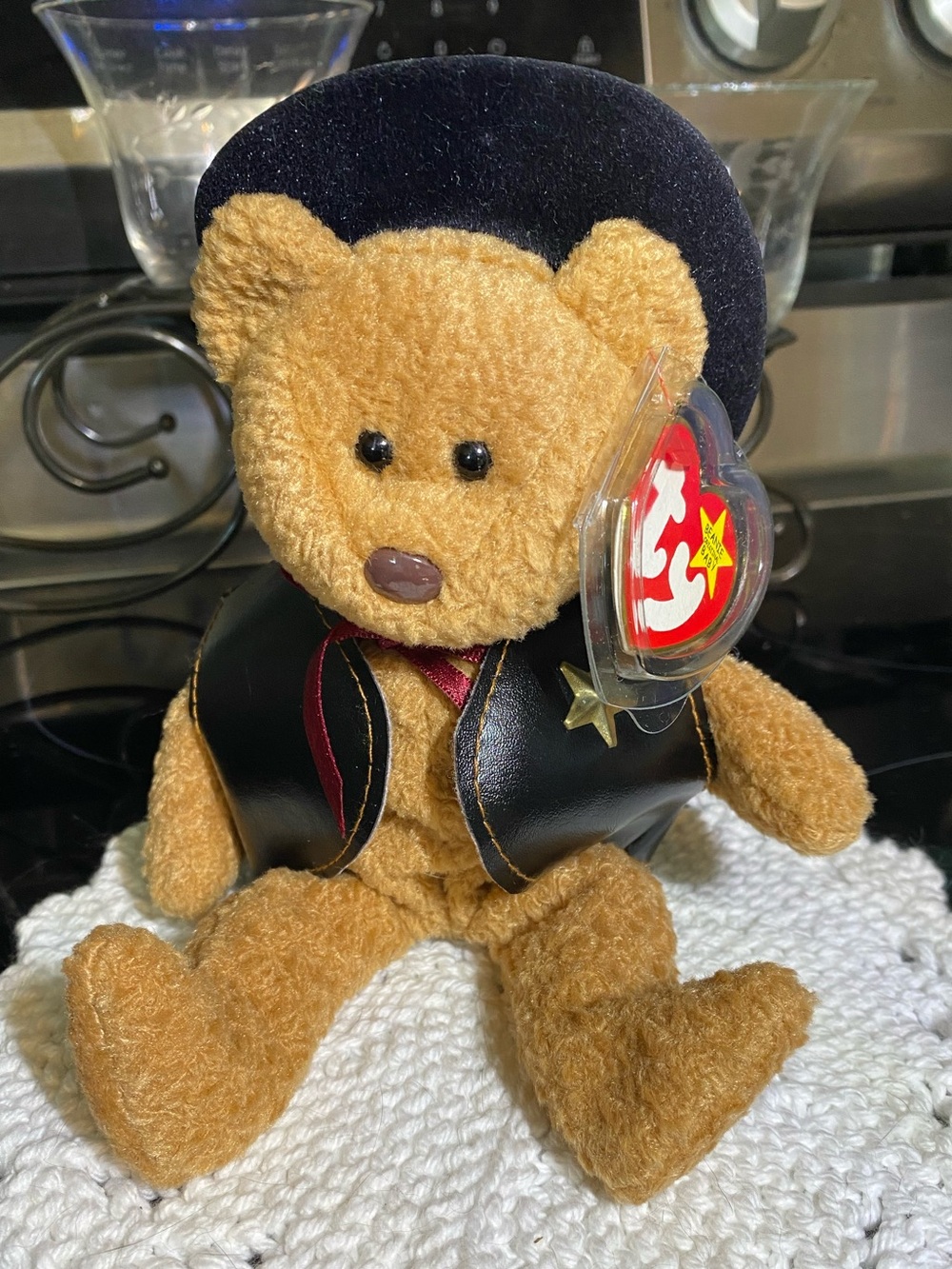 Ty Brown Teddy Bear Plush “Curly”with Black Hat & Vest - Cowboy Sheriff Beanie